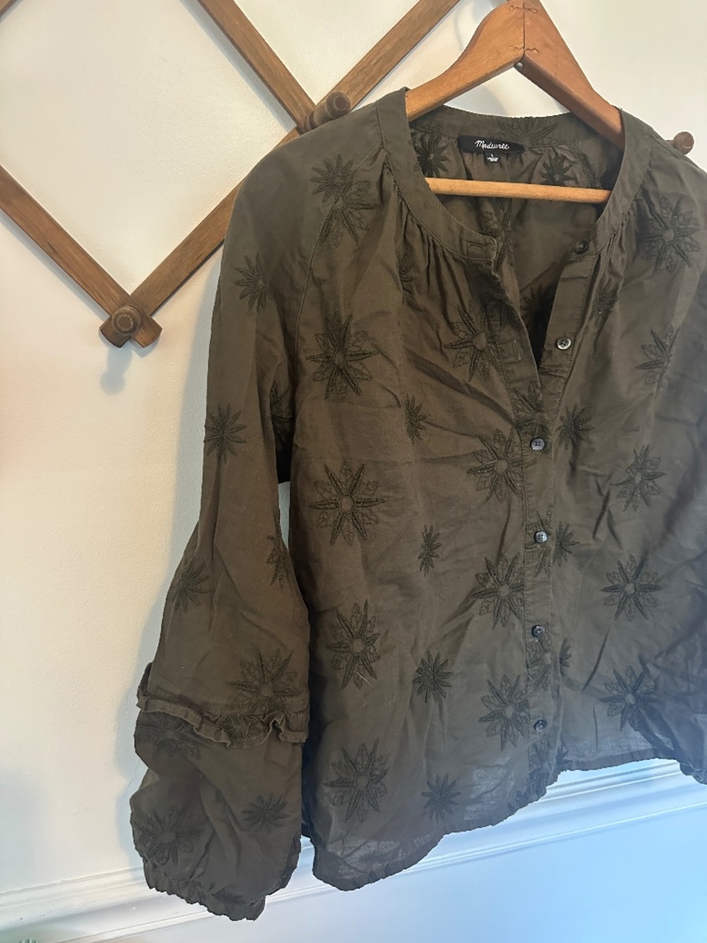 Madewell Olive Embroidered Floral Blouse L